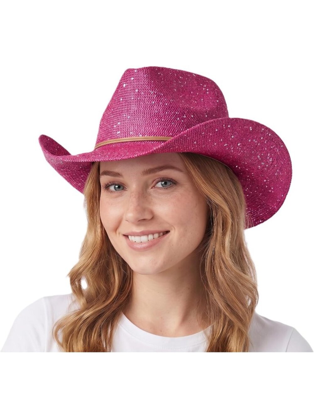Women's Pink Sparkly Sequin Suede String Trim Party Cowboy Western Hat